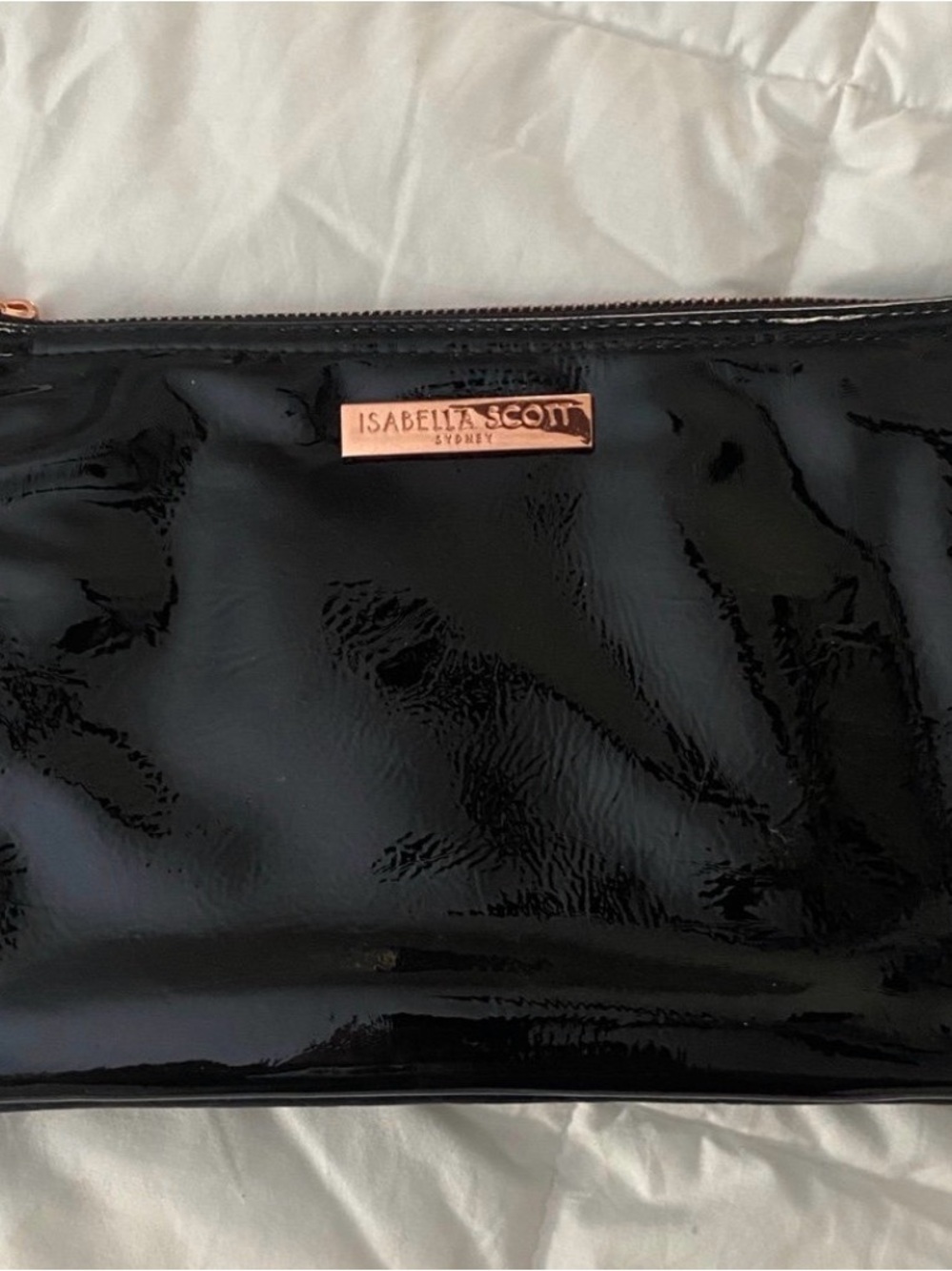 Black Patent Wristlet Clutch with Rose Gold Accent